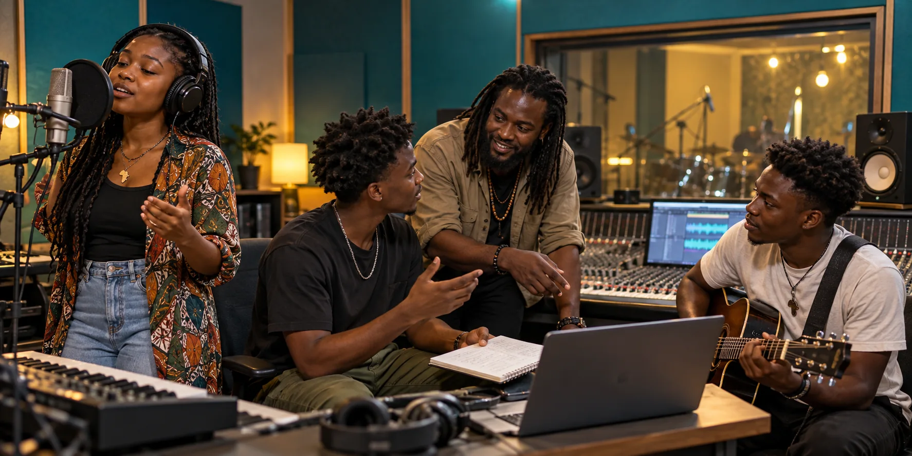Illustrative recording-studio coaching session with young musicians and a mentor