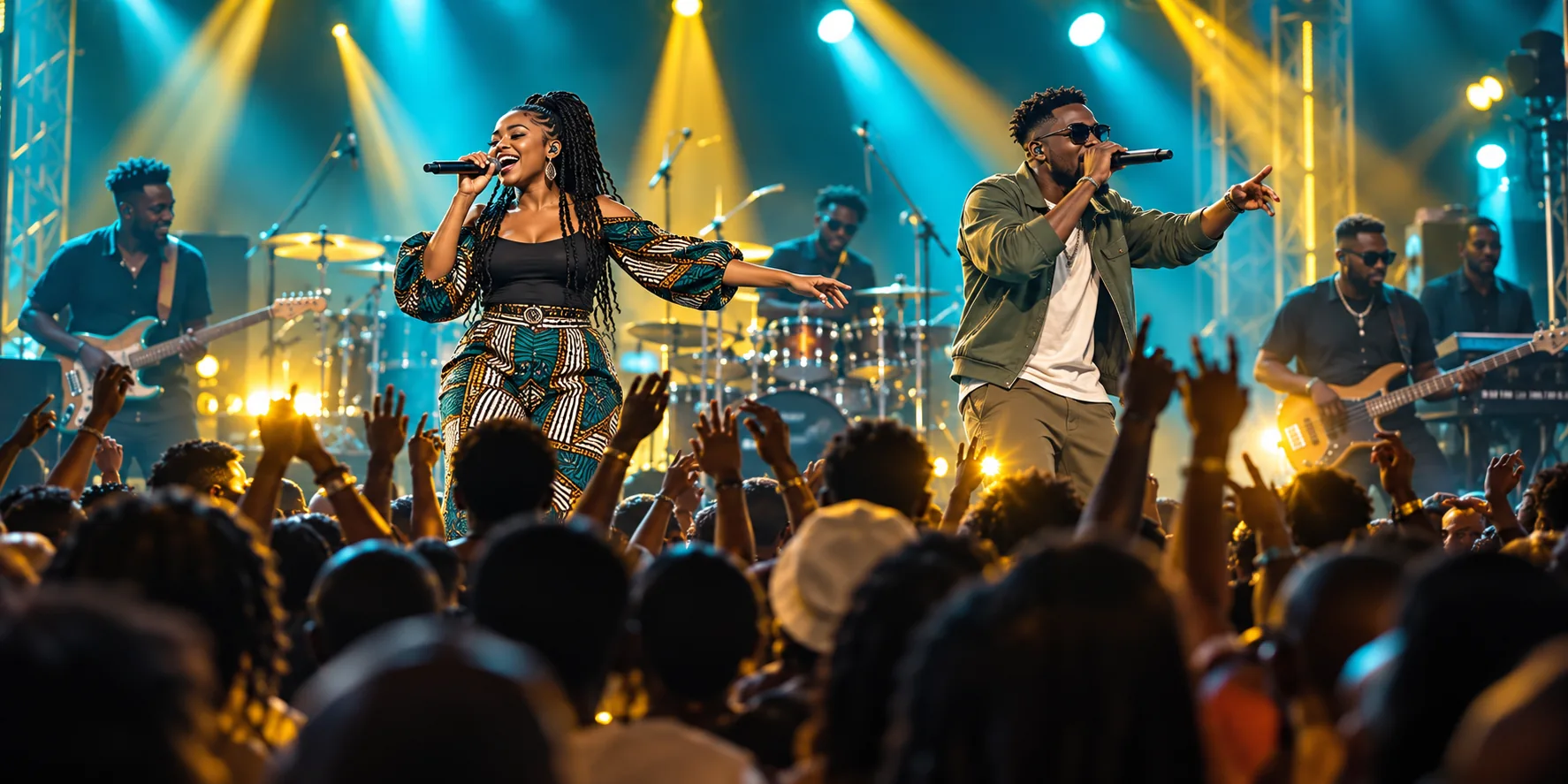 Illustrative concept of a vibrant finale concert with singers, rappers and a live audience