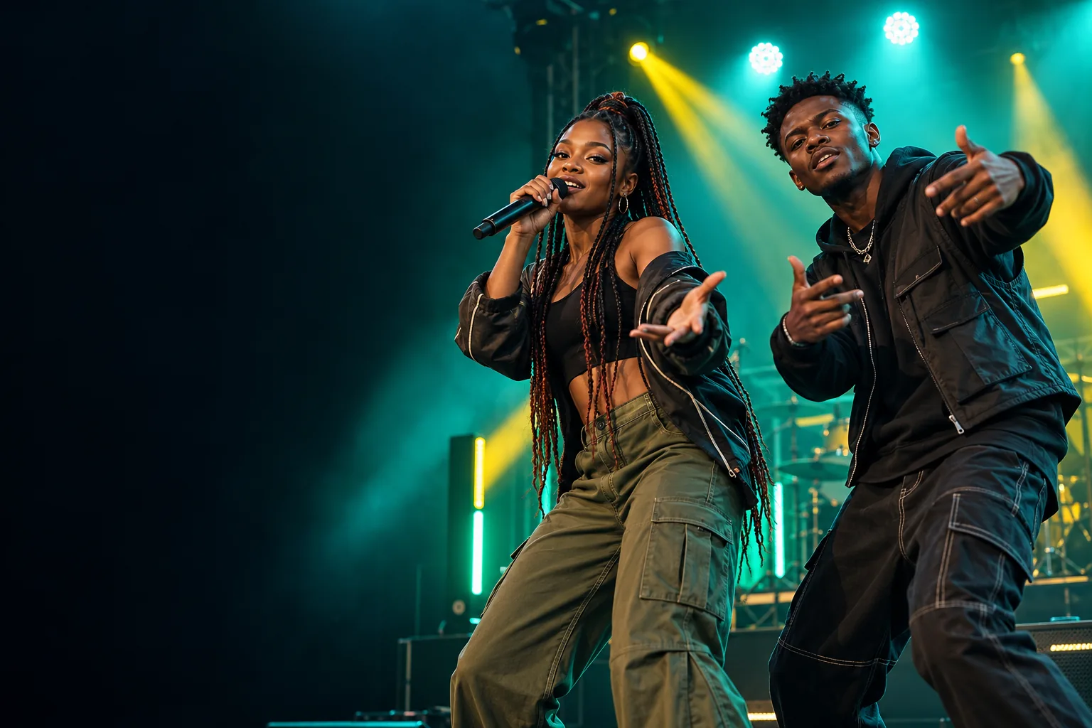 Illustrative campaign image of a young singer and rapper on a teal and yellow stage